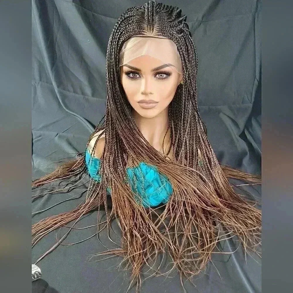 Premium Handmade Auburn Ombre Braided Wig with Box Braids & Cornrows - NWT